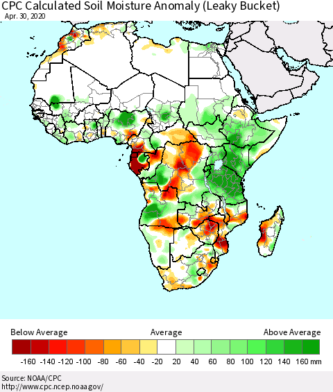 Africa CPC Soil Moisture Departure from Normal (Leaky Bucket) Thematic Map For 4/26/2020 - 4/30/2020