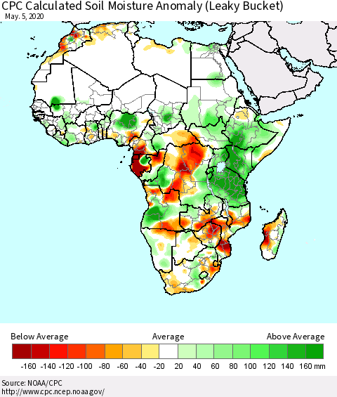 Africa CPC Calculated Soil Moisture Anomaly (Leaky Bucket) Thematic Map For 5/1/2020 - 5/5/2020