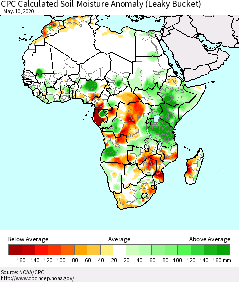 Africa CPC Calculated Soil Moisture Anomaly (Leaky Bucket) Thematic Map For 5/6/2020 - 5/10/2020