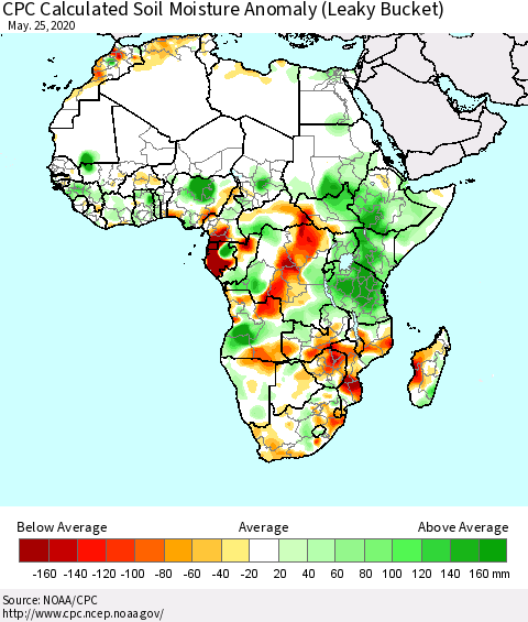 Africa CPC Calculated Soil Moisture Anomaly (Leaky Bucket) Thematic Map For 5/21/2020 - 5/25/2020
