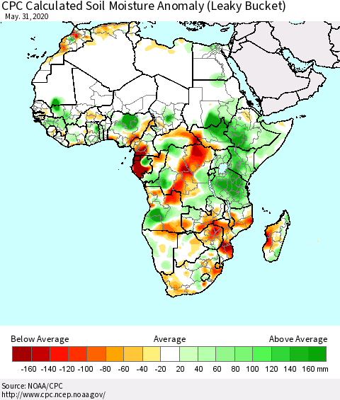 Africa CPC Calculated Soil Moisture Anomaly (Leaky Bucket) Thematic Map For 5/26/2020 - 5/31/2020