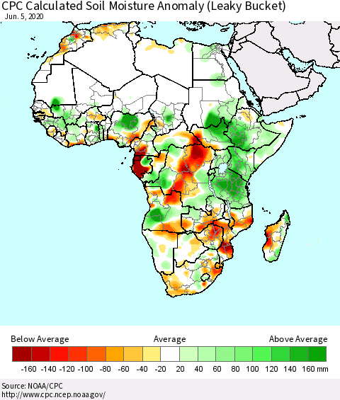 Africa CPC Calculated Soil Moisture Anomaly (Leaky Bucket) Thematic Map For 6/1/2020 - 6/5/2020