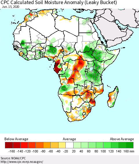 Africa CPC Calculated Soil Moisture Anomaly (Leaky Bucket) Thematic Map For 6/11/2020 - 6/15/2020