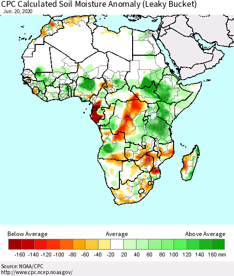 Africa CPC Soil Moisture Departure from Normal (Leaky Bucket) Thematic Map For 6/16/2020 - 6/20/2020