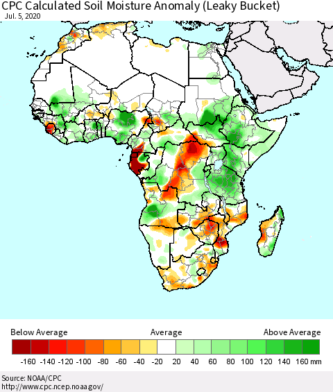 Africa CPC Calculated Soil Moisture Anomaly (Leaky Bucket) Thematic Map For 7/1/2020 - 7/5/2020