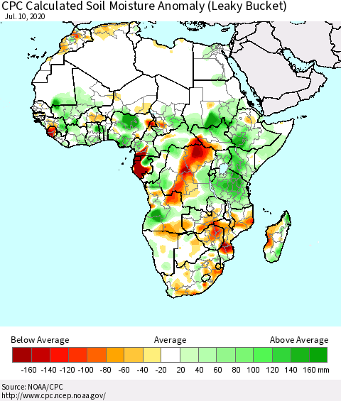 Africa CPC Soil Moisture Departure from Normal (Leaky Bucket) Thematic Map For 7/6/2020 - 7/10/2020