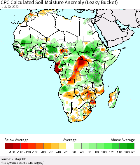 Africa CPC Calculated Soil Moisture Anomaly (Leaky Bucket) Thematic Map For 7/16/2020 - 7/20/2020