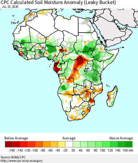 Africa CPC Soil Moisture Departure from Normal (Leaky Bucket) Thematic Map For 7/21/2020 - 7/25/2020