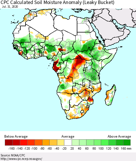 Africa CPC Calculated Soil Moisture Anomaly (Leaky Bucket) Thematic Map For 7/26/2020 - 7/31/2020