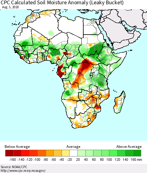 Africa CPC Calculated Soil Moisture Anomaly (Leaky Bucket) Thematic Map For 8/1/2020 - 8/5/2020