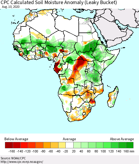 Africa CPC Calculated Soil Moisture Anomaly (Leaky Bucket) Thematic Map For 8/6/2020 - 8/10/2020