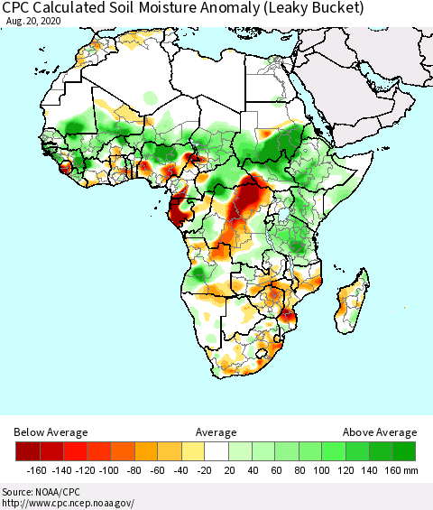 Africa CPC Calculated Soil Moisture Anomaly (Leaky Bucket) Thematic Map For 8/16/2020 - 8/20/2020