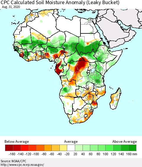 Africa CPC Calculated Soil Moisture Anomaly (Leaky Bucket) Thematic Map For 8/26/2020 - 8/31/2020