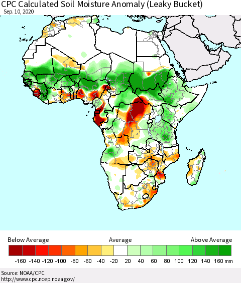 Africa CPC Soil Moisture Departure from Normal (Leaky Bucket) Thematic Map For 9/6/2020 - 9/10/2020
