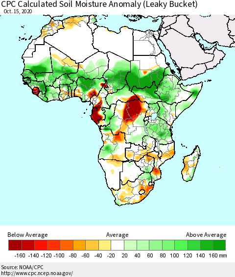 Africa CPC Calculated Soil Moisture Anomaly (Leaky Bucket) Thematic Map For 10/11/2020 - 10/15/2020