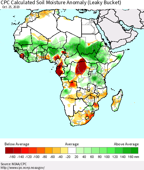 Africa CPC Calculated Soil Moisture Anomaly (Leaky Bucket) Thematic Map For 10/21/2020 - 10/25/2020