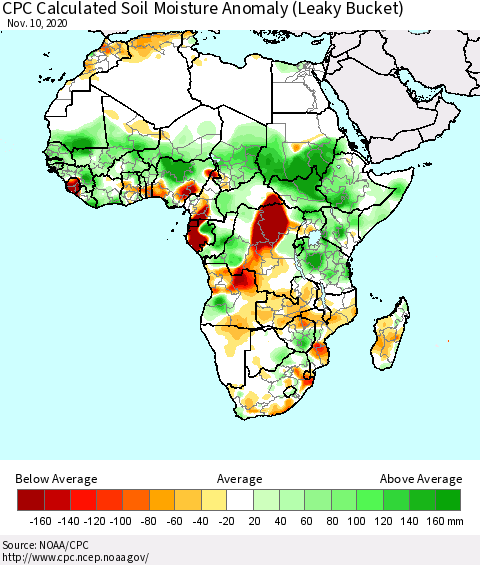 Africa CPC Calculated Soil Moisture Anomaly (Leaky Bucket) Thematic Map For 11/6/2020 - 11/10/2020