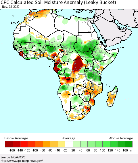 Africa CPC Calculated Soil Moisture Anomaly (Leaky Bucket) Thematic Map For 11/21/2020 - 11/25/2020