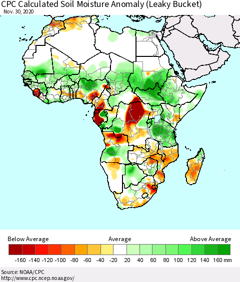 Africa CPC Soil Moisture Departure from Normal (Leaky Bucket) Thematic Map For 11/26/2020 - 11/30/2020