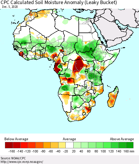 Africa CPC Calculated Soil Moisture Anomaly (Leaky Bucket) Thematic Map For 12/1/2020 - 12/5/2020