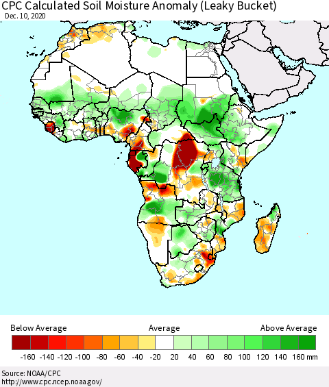 Africa CPC Calculated Soil Moisture Anomaly (Leaky Bucket) Thematic Map For 12/6/2020 - 12/10/2020
