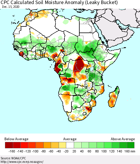 Africa CPC Calculated Soil Moisture Anomaly (Leaky Bucket) Thematic Map For 12/11/2020 - 12/15/2020
