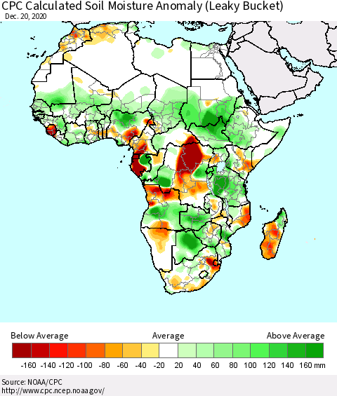 Africa CPC Calculated Soil Moisture Anomaly (Leaky Bucket) Thematic Map For 12/16/2020 - 12/20/2020