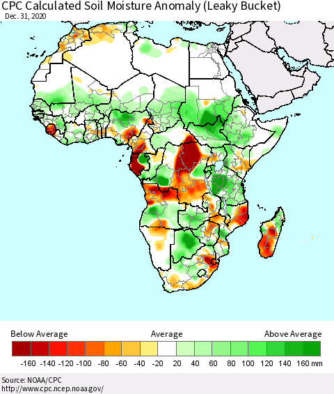 Africa CPC Calculated Soil Moisture Anomaly (Leaky Bucket) Thematic Map For 12/26/2020 - 12/31/2020