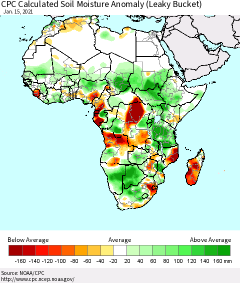 Africa CPC Calculated Soil Moisture Anomaly (Leaky Bucket) Thematic Map For 1/11/2021 - 1/15/2021