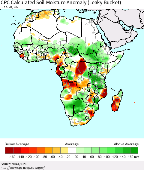 Africa CPC Calculated Soil Moisture Anomaly (Leaky Bucket) Thematic Map For 1/16/2021 - 1/20/2021