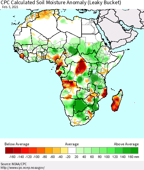 Africa CPC Calculated Soil Moisture Anomaly (Leaky Bucket) Thematic Map For 2/1/2021 - 2/5/2021