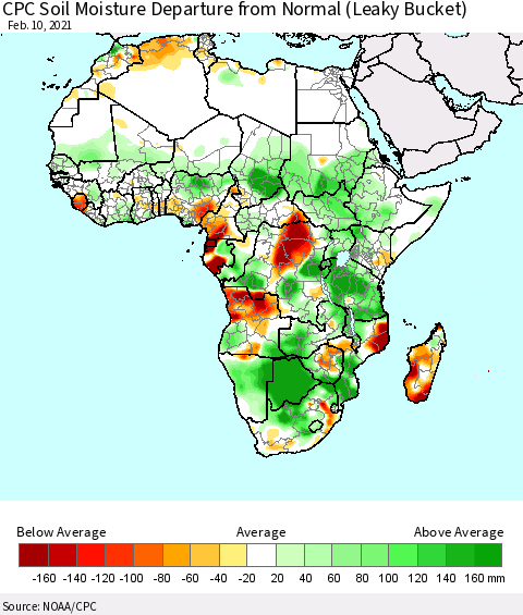 Africa CPC Calculated Soil Moisture Anomaly (Leaky Bucket) Thematic Map For 2/6/2021 - 2/10/2021