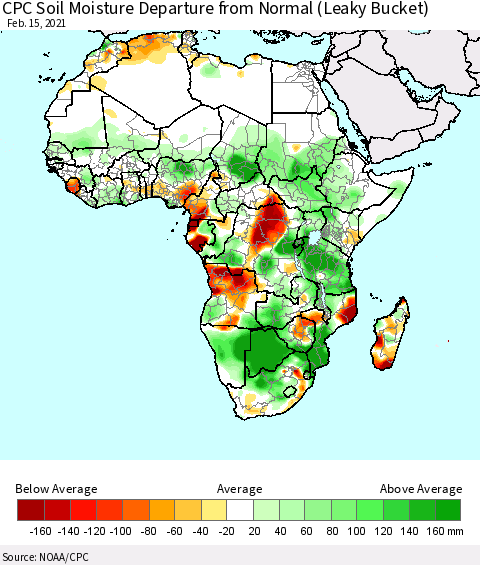 Africa CPC Soil Moisture Departure from Normal (Leaky Bucket) Thematic Map For 2/11/2021 - 2/15/2021