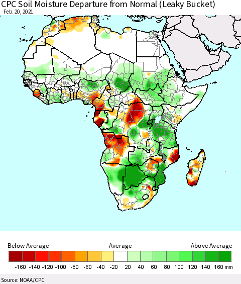 Africa CPC Calculated Soil Moisture Anomaly (Leaky Bucket) Thematic Map For 2/16/2021 - 2/20/2021