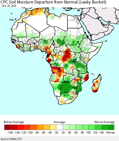 Africa CPC Calculated Soil Moisture Anomaly (Leaky Bucket) Thematic Map For 2/21/2021 - 2/25/2021