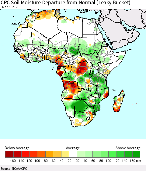 Africa CPC Calculated Soil Moisture Anomaly (Leaky Bucket) Thematic Map For 3/1/2021 - 3/5/2021