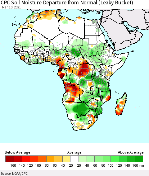 Africa CPC Calculated Soil Moisture Anomaly (Leaky Bucket) Thematic Map For 3/6/2021 - 3/10/2021