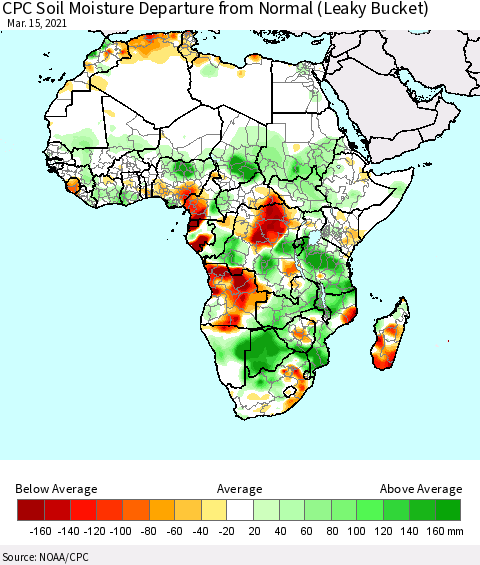 Africa CPC Soil Moisture Departure from Normal (Leaky Bucket) Thematic Map For 3/11/2021 - 3/15/2021
