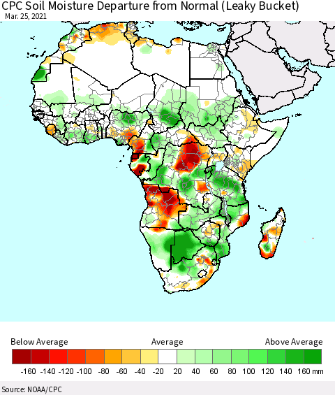 Africa CPC Calculated Soil Moisture Anomaly (Leaky Bucket) Thematic Map For 3/21/2021 - 3/25/2021