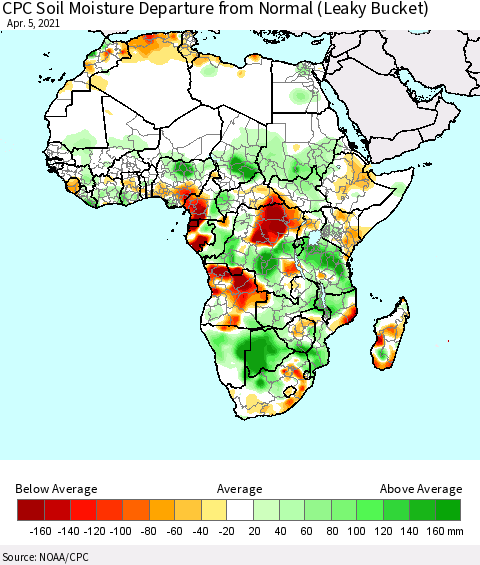 Africa CPC Calculated Soil Moisture Anomaly (Leaky Bucket) Thematic Map For 4/1/2021 - 4/5/2021