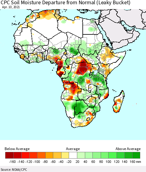 Africa CPC Soil Moisture Departure from Normal (Leaky Bucket) Thematic Map For 4/6/2021 - 4/10/2021