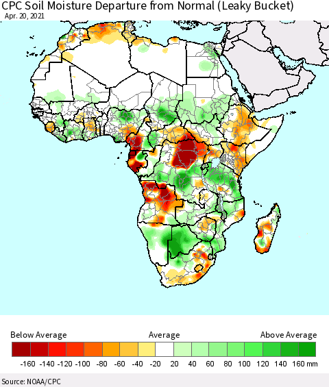 Africa CPC Calculated Soil Moisture Anomaly (Leaky Bucket) Thematic Map For 4/16/2021 - 4/20/2021