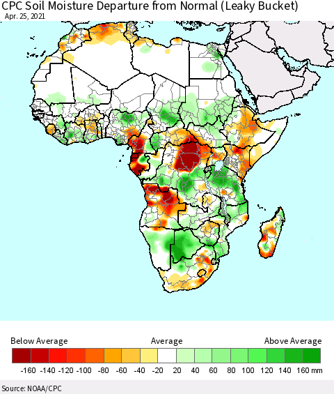 Africa CPC Calculated Soil Moisture Anomaly (Leaky Bucket) Thematic Map For 4/21/2021 - 4/25/2021