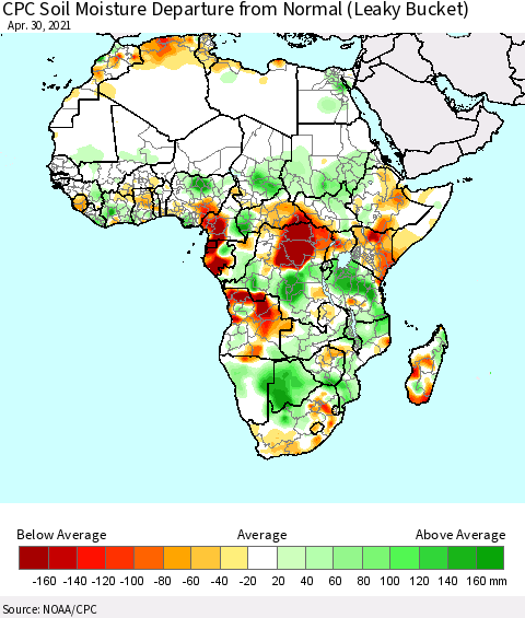 Africa CPC Calculated Soil Moisture Anomaly (Leaky Bucket) Thematic Map For 4/26/2021 - 4/30/2021