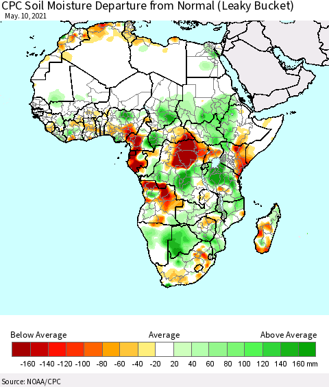 Africa CPC Calculated Soil Moisture Anomaly (Leaky Bucket) Thematic Map For 5/6/2021 - 5/10/2021