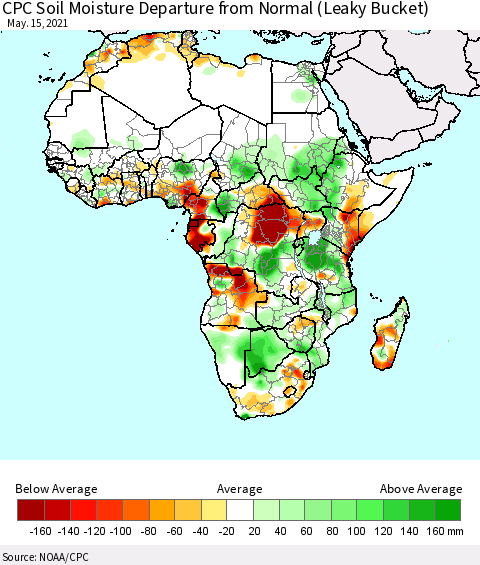 Africa CPC Soil Moisture Departure from Normal (Leaky Bucket) Thematic Map For 5/11/2021 - 5/15/2021