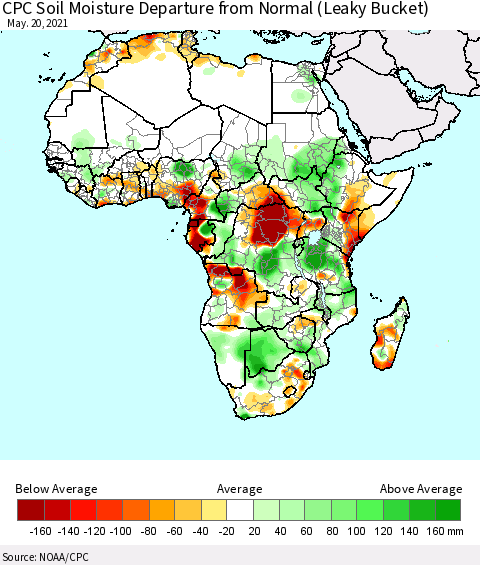 Africa CPC Calculated Soil Moisture Anomaly (Leaky Bucket) Thematic Map For 5/16/2021 - 5/20/2021