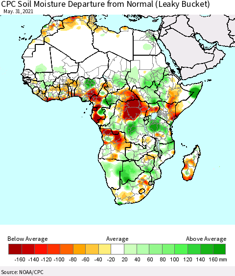 Africa CPC Soil Moisture Departure from Normal (Leaky Bucket) Thematic Map For 5/26/2021 - 5/31/2021