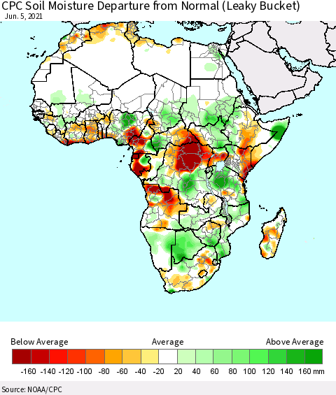 Africa CPC Calculated Soil Moisture Anomaly (Leaky Bucket) Thematic Map For 6/1/2021 - 6/5/2021