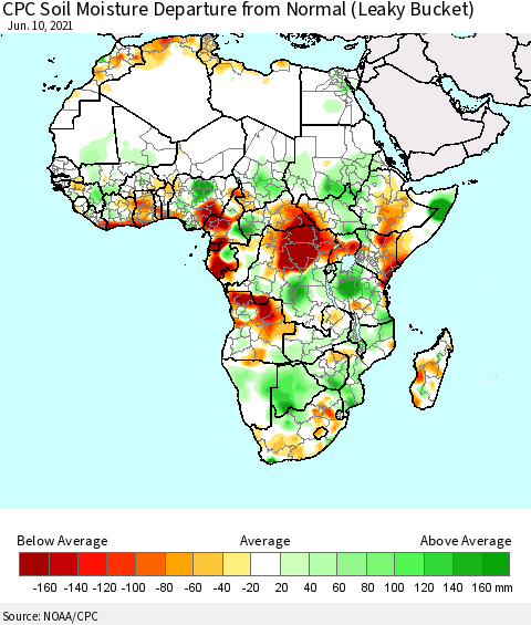 Africa CPC Calculated Soil Moisture Anomaly (Leaky Bucket) Thematic Map For 6/6/2021 - 6/10/2021